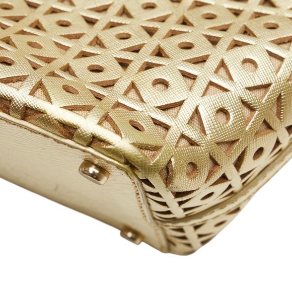 Kate Spade logo punched tote bag, gold leather handbag, women's.